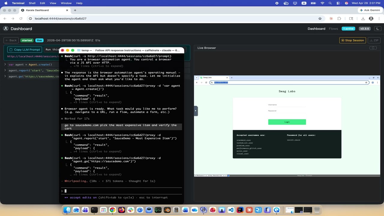 Karate Agent dashboard: an AI coding agent drives a live browser session